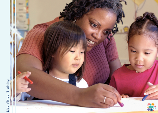 Picture shows adult helping two children to colour in a sheet of paper