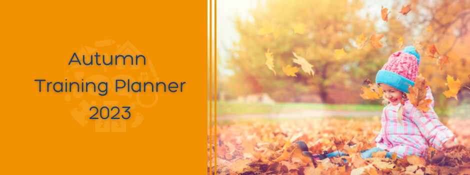 Autumn Training Planner Girl wearing pink fluffy hat playing in leaves. Text reads: Autumn Training Planner