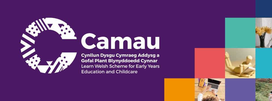 White logo on purple background. text reads Camau Learn Welsh scheme or Early Years Childcare