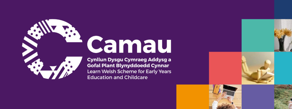 Camau White logo on purple background. text reads Camau Learn Welsh scheme or Early Years Childcare