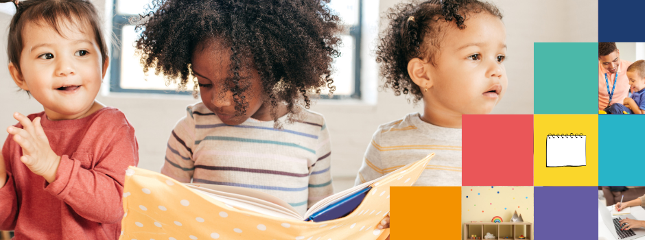 Three children are sitting on the floor holding a book
