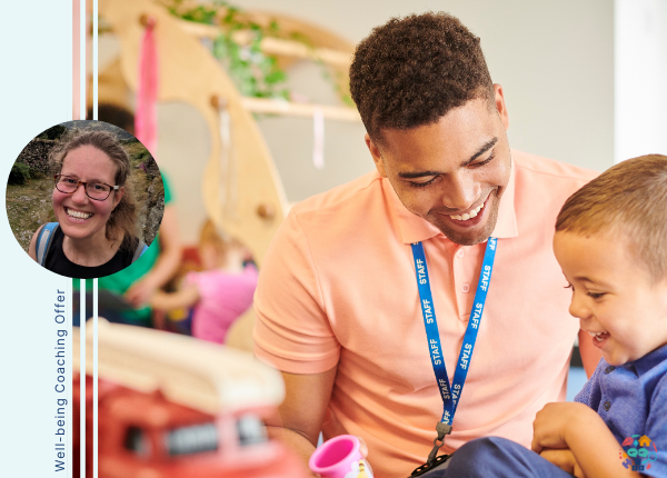 Picture shows an adult with a Staff lanyard playing with a child
