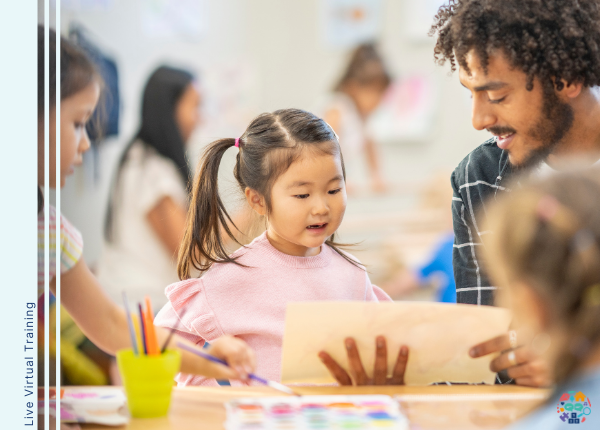 Picture shows adult holding a piece of paper towards a child