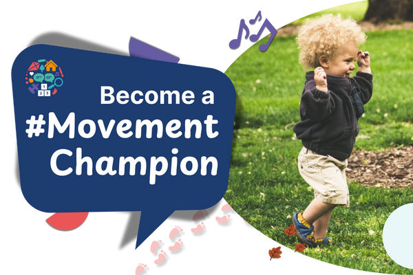 Photo of child running. Speech bubble, text reads "Become a Movement Champion"