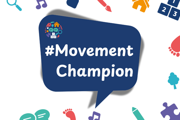 Navy blue speech bubble text reads  #MovementChampion. Around it are various colourful icons