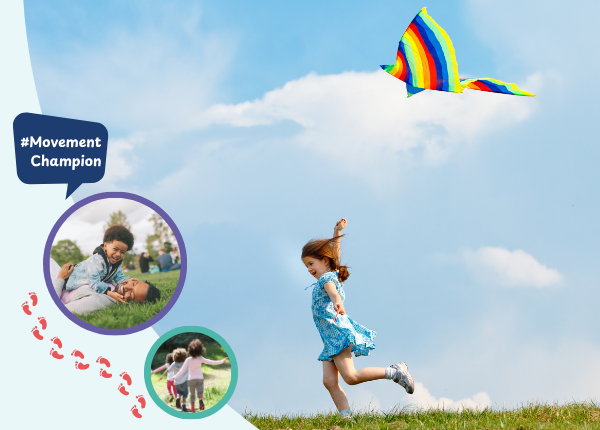 Images show a child running while flying a kite
