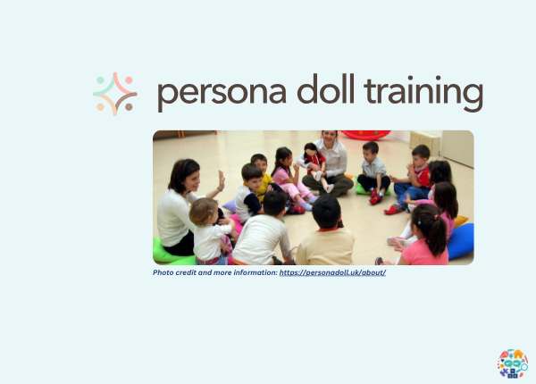 Picture shows children and adults sat in a circle, one of the adults is holding a Persona Doll