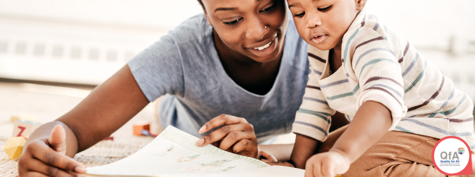 Adult and child reading a book