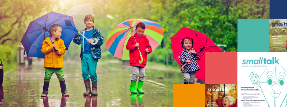 Four children playing in the rain with umbrellas. Also pictured are front covers of Smalltalk