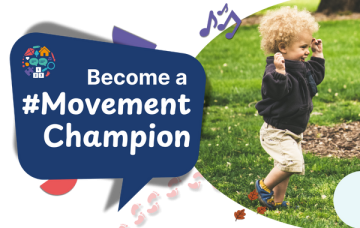 Photo of child running. Speech bubble, text reads "Become a Movement Champion"