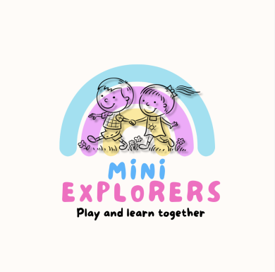 Mini Explorers logo. Two children running in front of a rainbow