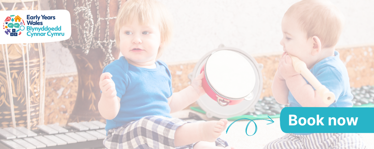 Two toddlers playing instruments. There is an arrow pointing to text that says "Book Now"