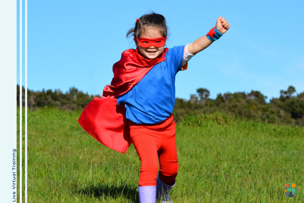 This hero is wearing red leggings, blue top and red cape. Her identity hidden by a knitted red eye mask. She is off to save the day. 
