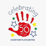 Overton Playgroup Logo. Red handprint, text reads: Celebrating 50 years, Overton Playgroup