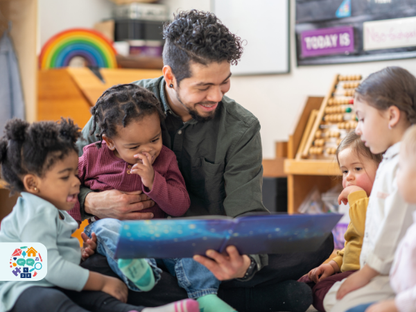 An adult reading a book to a group of toddlers